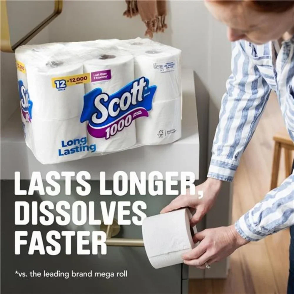 1000 Toilet Paper, 8 Rolls, Septic-Safe, 1-Ply Toilet Tissue